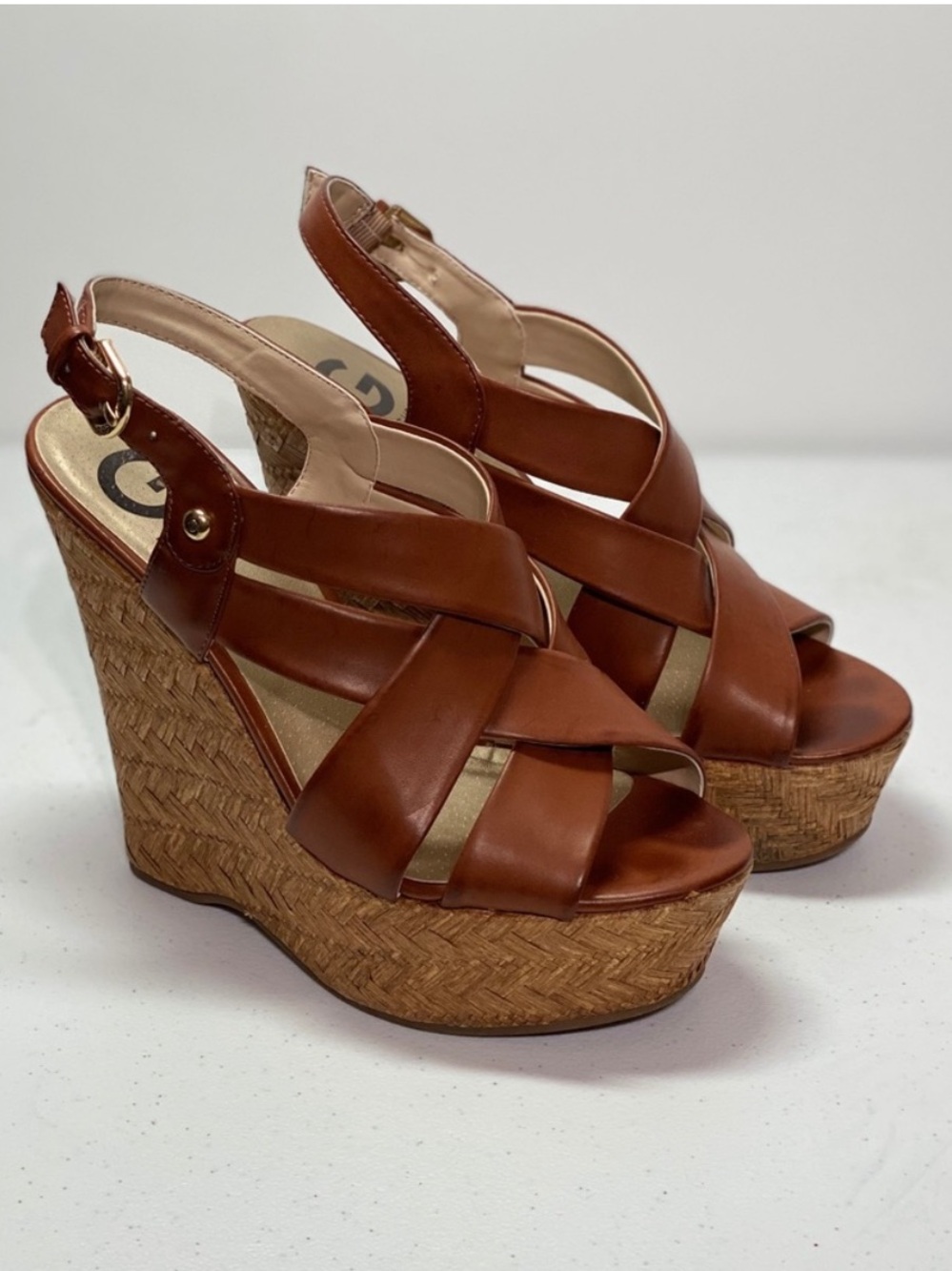 G by Guess Havana Cognac Brown Woven Espadrille Wedge Platform Sandals 7